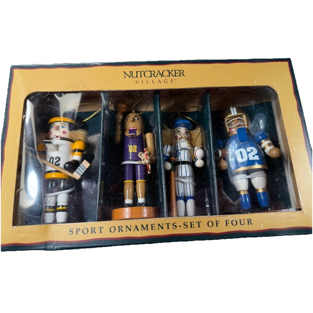 Vintage 1997 Nutcracker Village Sports Ornaments Set 4 NIB May Dept Christmas